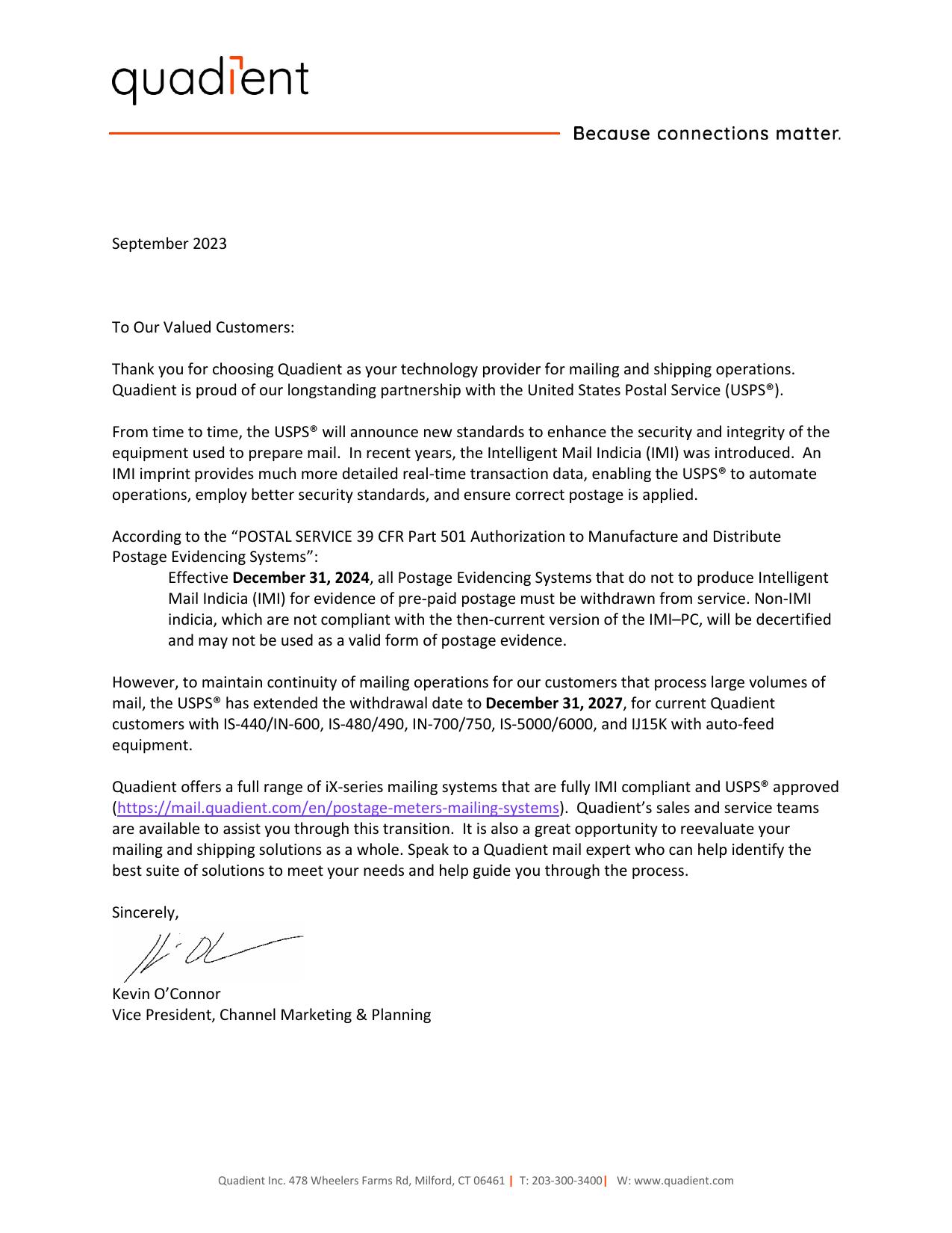 Quadient official letter to customers regarding the IMI compliance deadline extension, dated September 2023